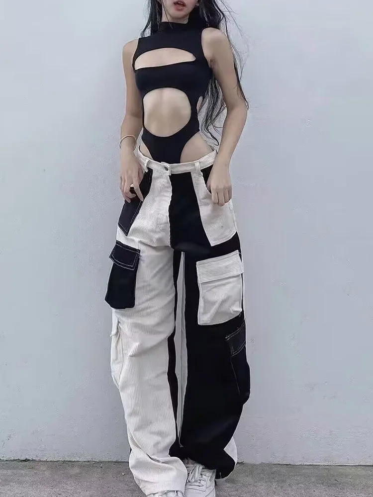 

American style hot girl backless sleeveless pure desire top, women's hollow out navel revealing chest jumpsuit, women's summer