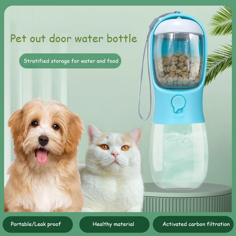 

Portable Pet Water Bottle Activated Carbon Fliter 2 in 1 Travel Outdoor Walking Cat Dog Drinking Bowl Food Container Leak Proof