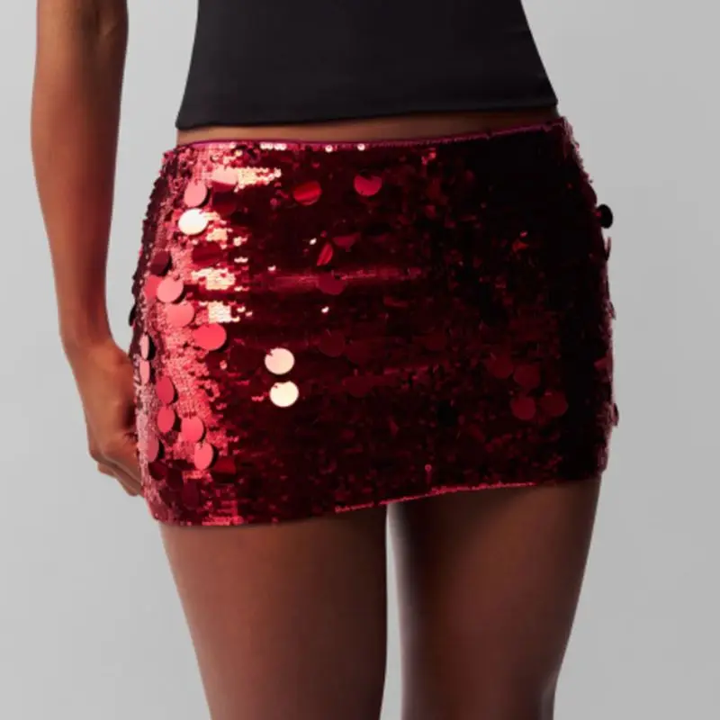 

Women Summer Luxury Shiny Glitter Sequins Side Zipper Low Waist Bodycon Slim Fit Short Mini Pencil Skirts Streetwear