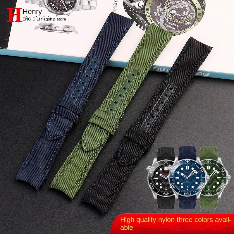 20mm Nylon +cowhide Watchband for Omega Speedmaster Moonwatch 300 AT150 Planet Ocean Seiko Canvas Fabric butterfly buckle Strap