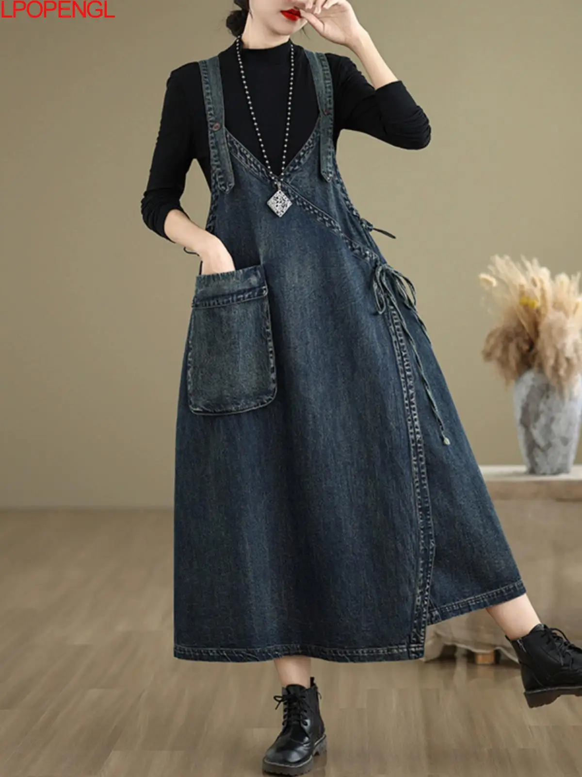 Fashion Solid Color Loose Denim Spaghetti Strap Dress Women Spring And Summer V-neck Suspender Spliced Large Pockets Long Dress