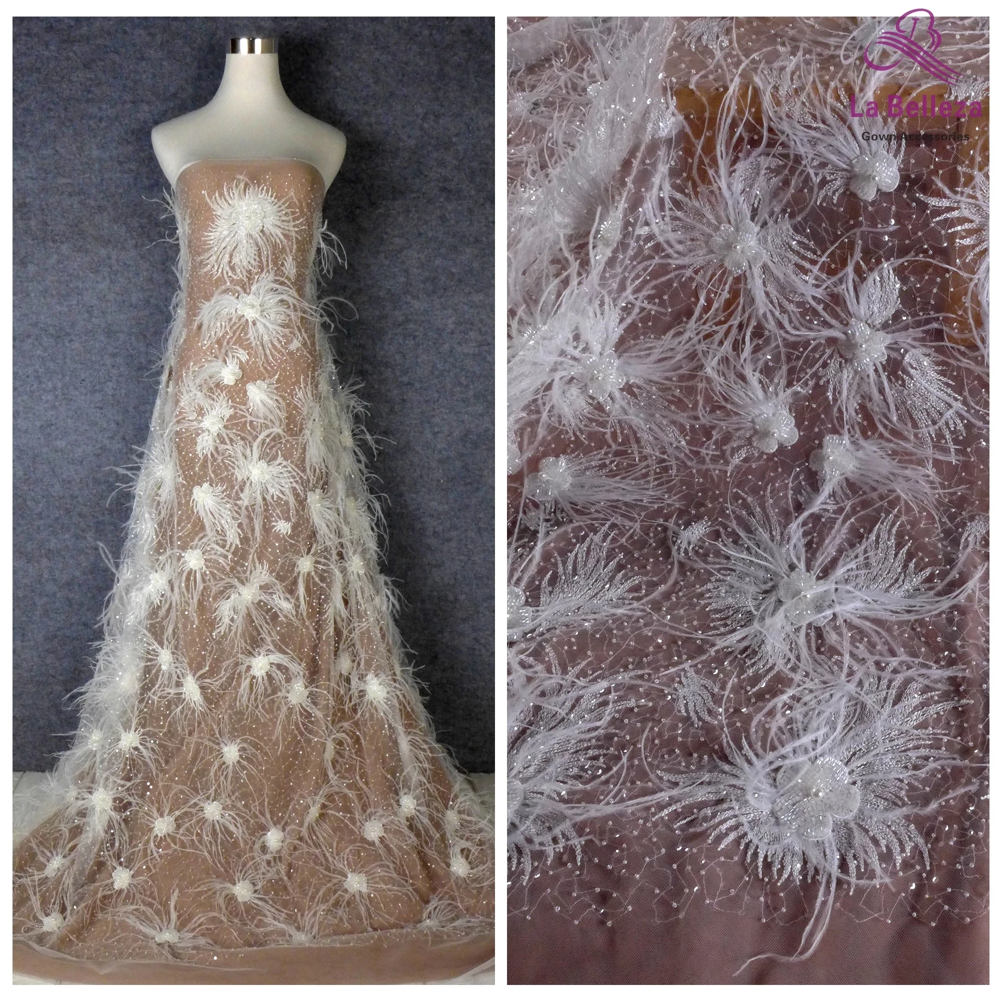 White feather 3D stereo beaded Embroidery Lace fabric hand-nailed wedding dress fabric women's accessories 1 yard