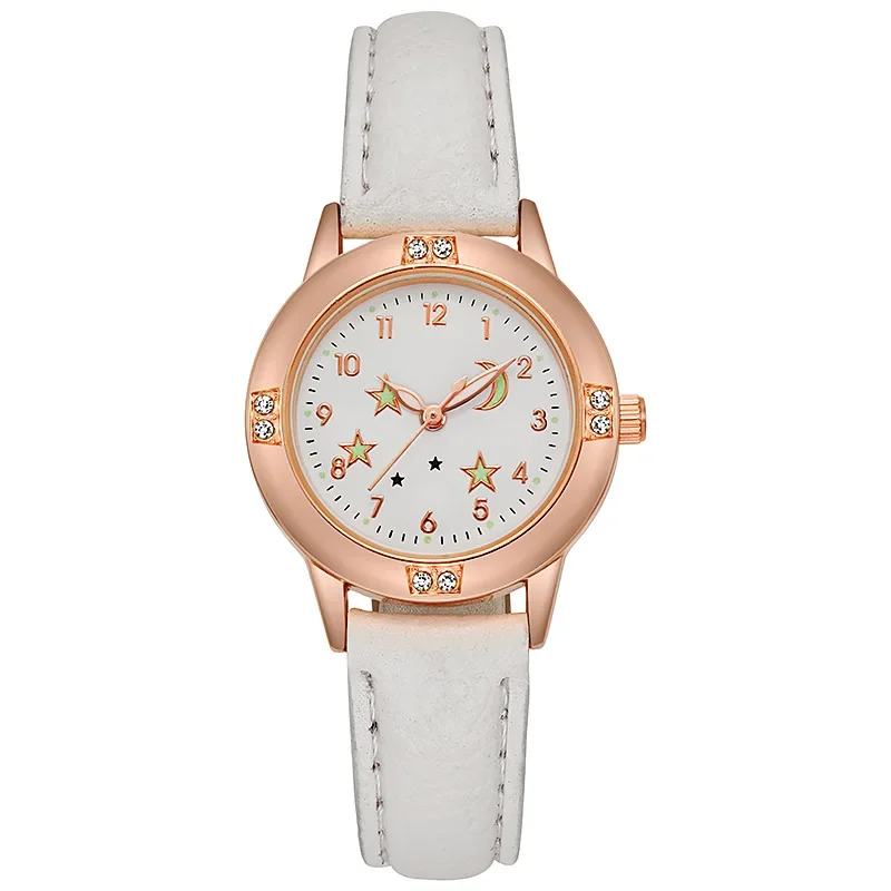 Reloj de cuarzo luminoso para niñas y mujeres, pulsera de cuero, informal, lindo, estrella, Luna, nuevo