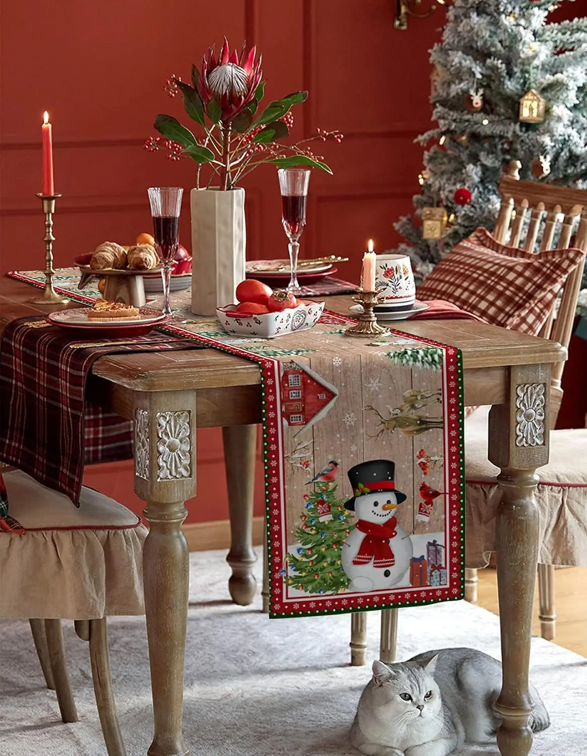 Christmas Snowman Wood Grain Table Runner Party Decor Reusable Xmas Tree Birds Snowflake Kitchen Table Runner Navidad Decoration