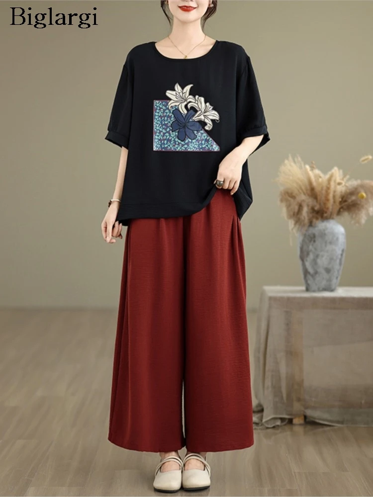 

Oversized Summer 2 Two Piece Set Women Flower Floral Print Fashion Casual Ladies Blouses Loose Wide Leg Woman Elastic Waist Pant