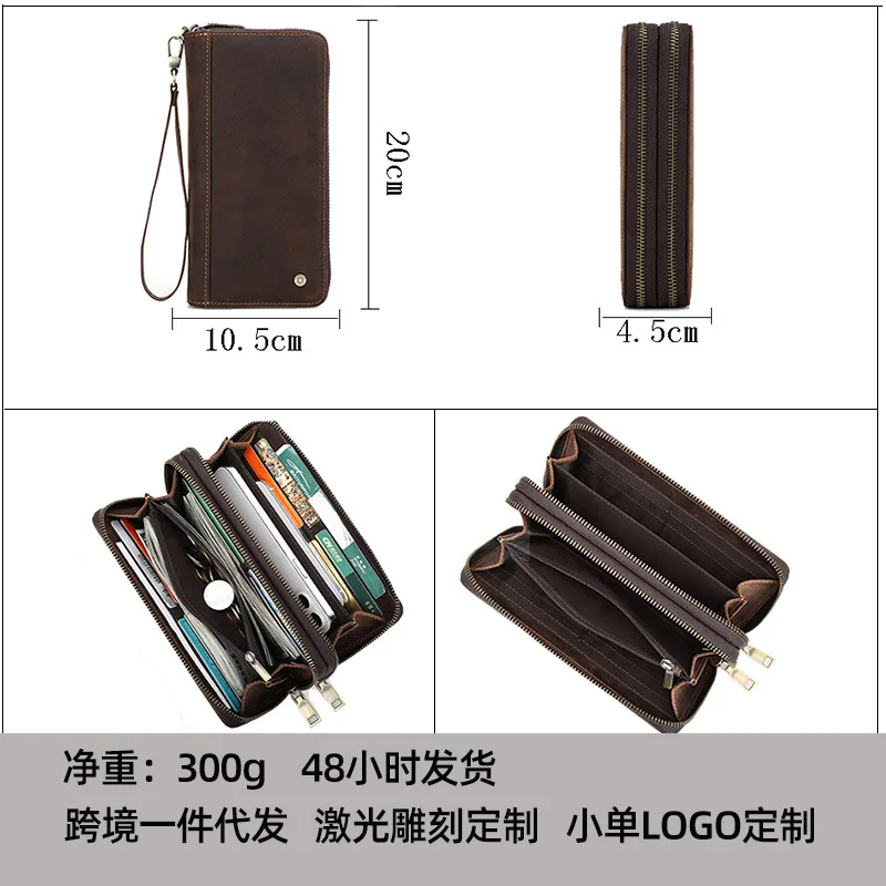 HTSMC1018 -Retro Crazy Horse Leather Men's Long Wallet Double Zipper with Wrist Strap Handbag Cross