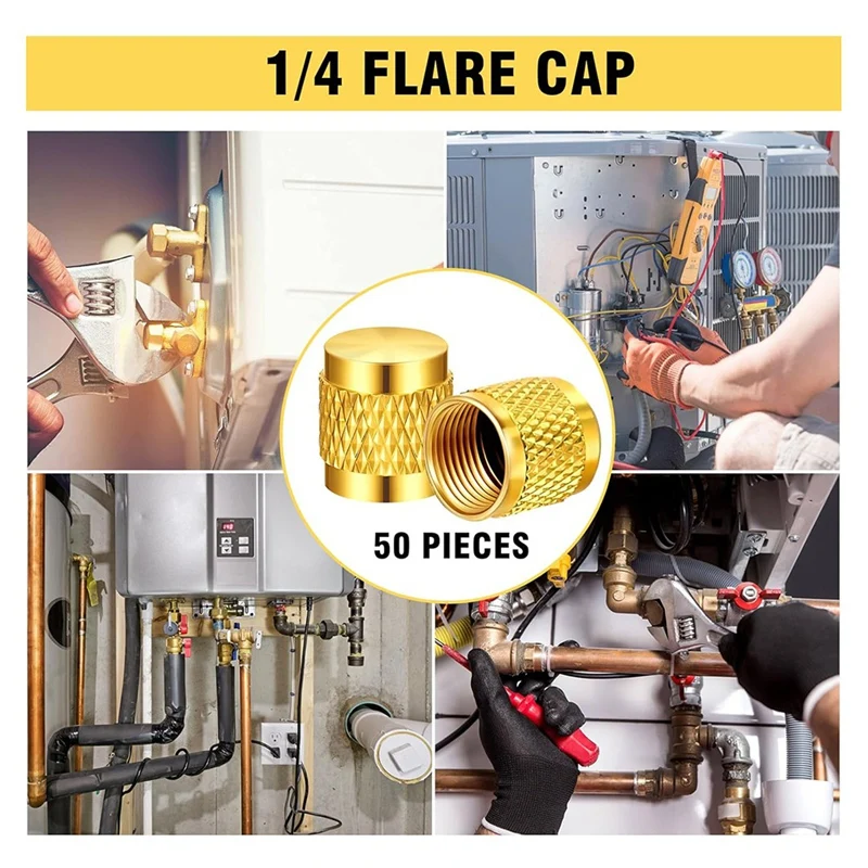 50 Pcs 1/4Inch Brass Flare Cap, Solid Brass Caps With Neoprene O Ring Seal, 1/4Inch SAE HVAC Valve Caps