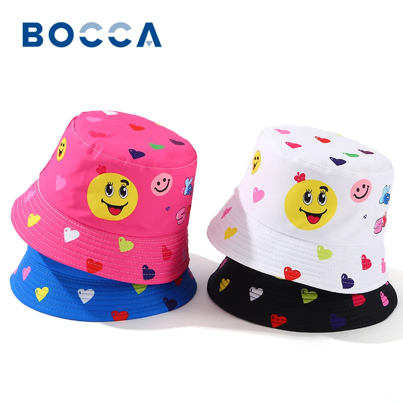 Bocca Smile Face Children Bucket Hat Boys Girls Kids Cartoon Printing Fisherman Hats Double Sides Panama Cap Summer Outdoor Sun