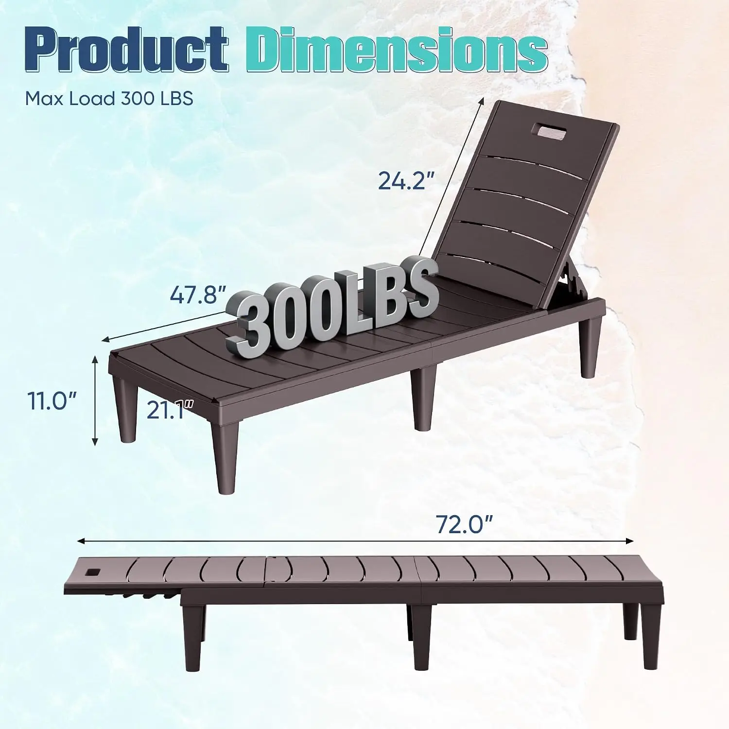 Outdoor Chaise Lounge Chair Set of 2, Waterproof PP Lounge Chairs | Lightweight with 5-Position Adjustable Back, Customized
