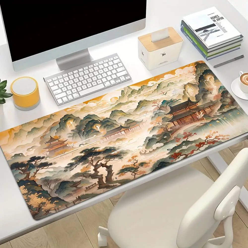 Ancient Painting Landscape Pavilion Mouse Pad Thick Rubber Stitched Edges Table Mat For Classic Study Decor