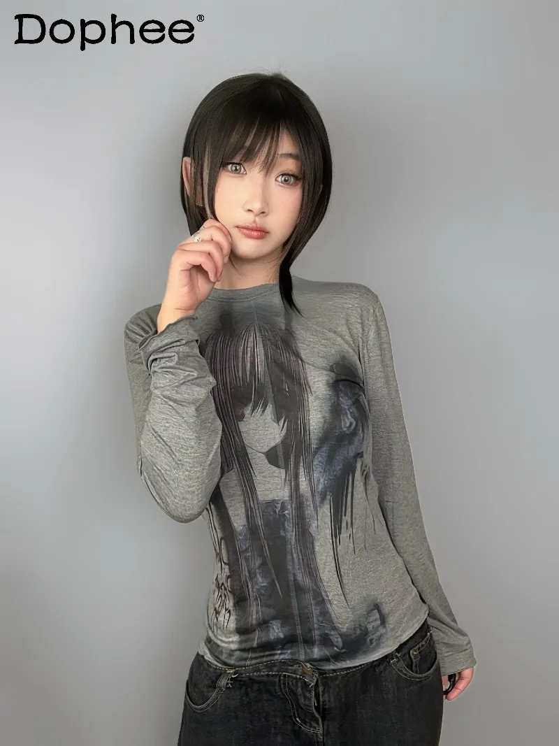 

Japanese Original Dark Gothic Two-Dimensional Gray Long Sleeve Slim Fit T-Shirt Y2K Subculture Sweet Cool Girl Versatile Top