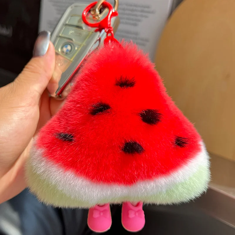 Fluffy Watermelon Genuine Rex Rabbit Fur Keychain Fruit Watermelon  Real Fur Ball Pendant Metal Car Keyring Bag Charm Trinket