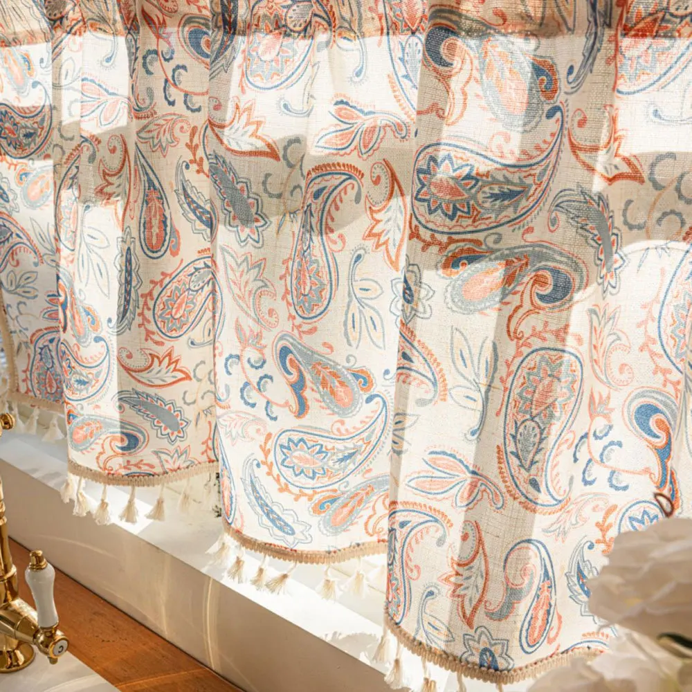 1pc Farmhouse Vintage Short Curtain, Bohemian Fringe Coffee Curtain, Cross-Border European Middle Eastern Curtains, Finished Pro