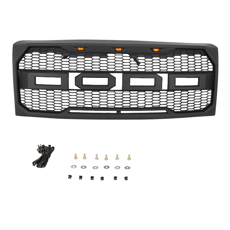Funkit-Car Raptor Style Front Grille For 2009-2014 Ford F150 | Gloss Black | Includes Letters & 3 Amber LED Lights