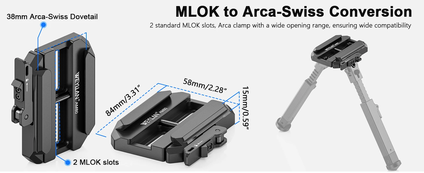 WEYLLAN AM80 MLOK Adapterhalterung ARCA-Zweibeinadapter mit Sicherheitsverriegelungshebel Werkzeuglose Spannungsverstellung Anti-Rotations-Sicherungsmutter – Detail 2