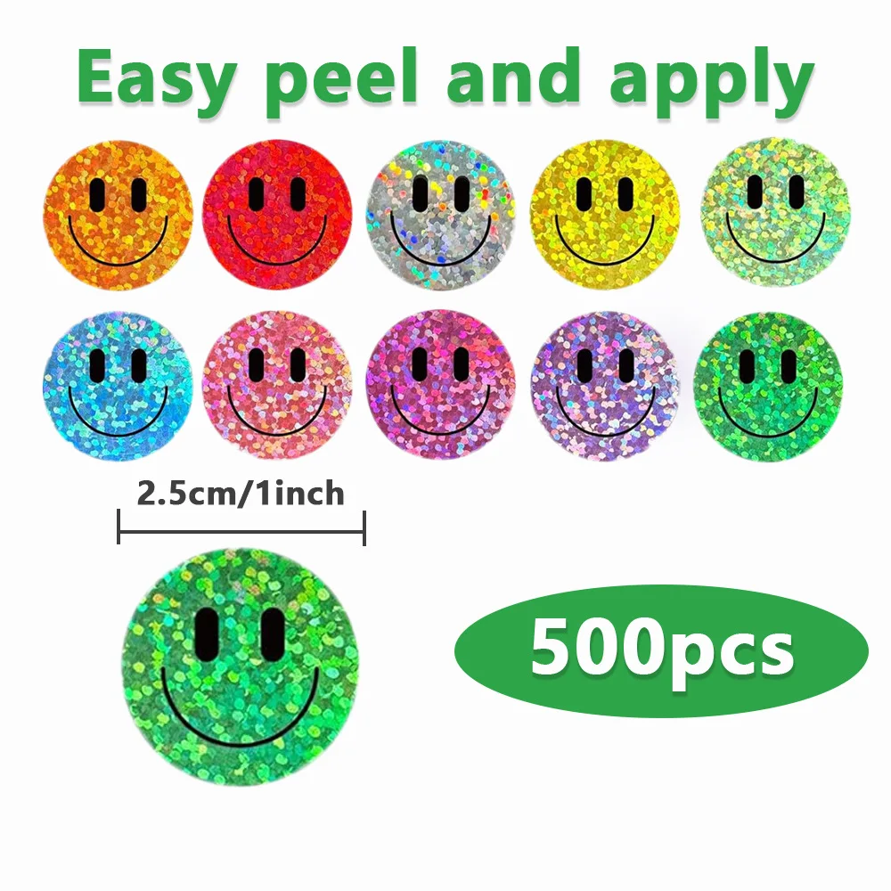 500-1000 Pcs Smile Face Stickers Roll Laser Colorful Happy Face Sticker for Classroom Back to School Birthday Teacher Reward,1''