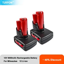 Turpow 12V 6000mAh Rechargeable Battery for Milwaukee 12 XC Cordless Tools 48-11-2402 48-11-2411 Batteries 48-11-2401 MIL-12A-L