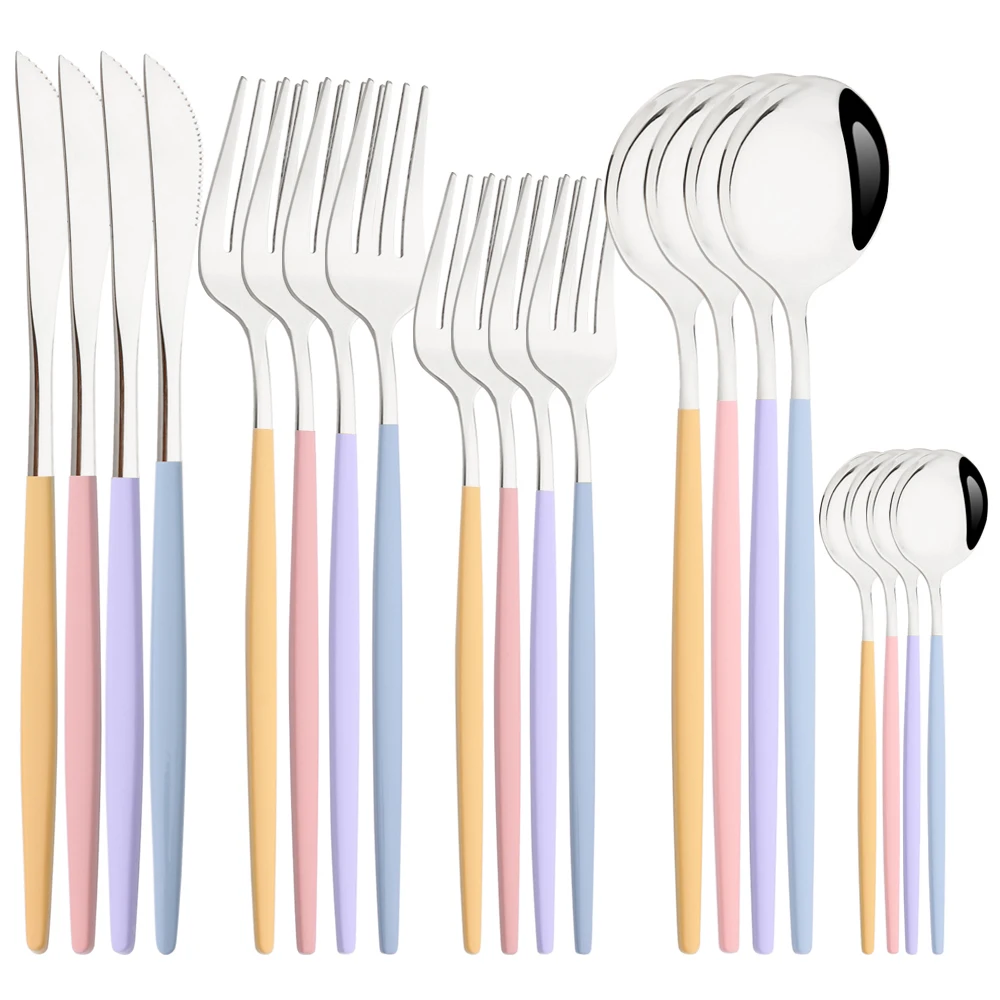 

Drmfiy 20Pcs Colourful Handle Silver Dinnerware Set Stainless Steel Cutlery Knife Spoon Dessert Fork Silverware Tableware Set