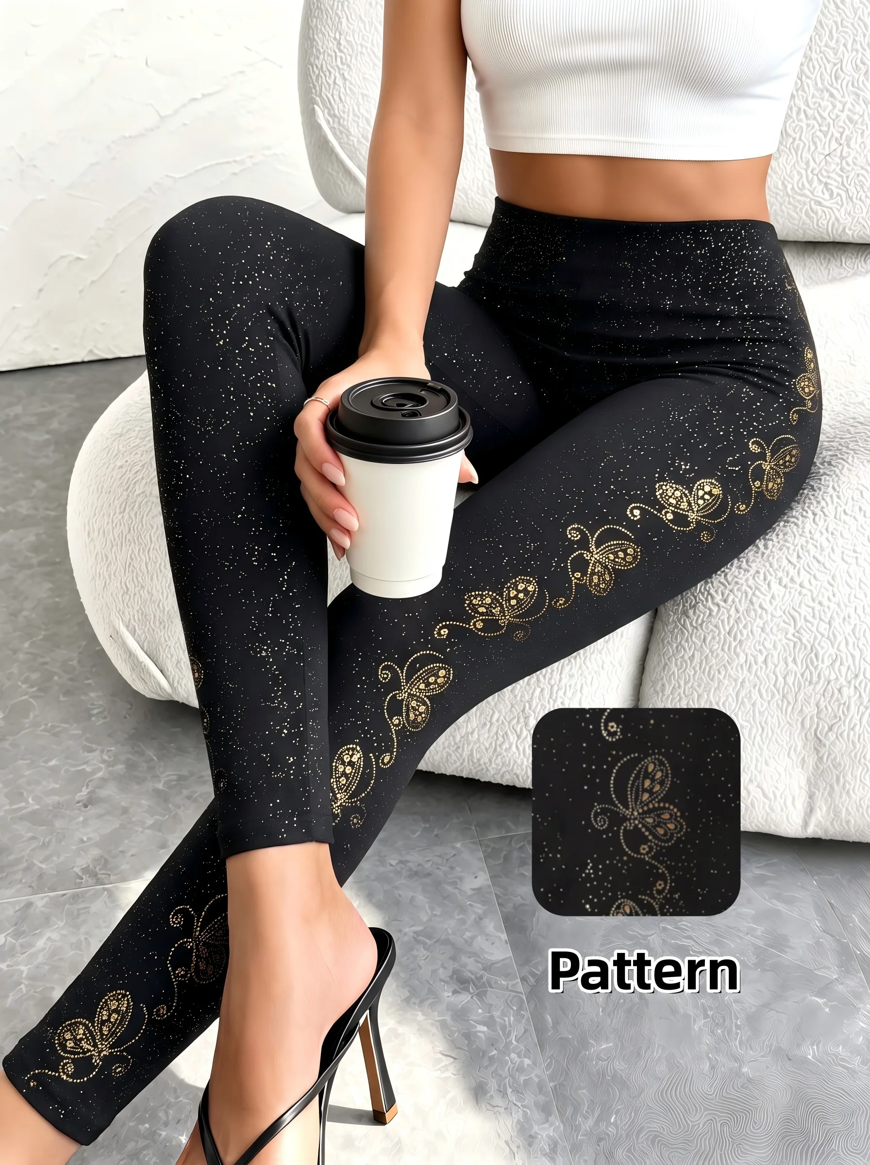 1er-Pack goldene Leggings mit Schmetterlings-Glitzer-Print, hoher Taille, weichem Stretch und modischem Slim-Schnitt für den Alltag – Detail 3