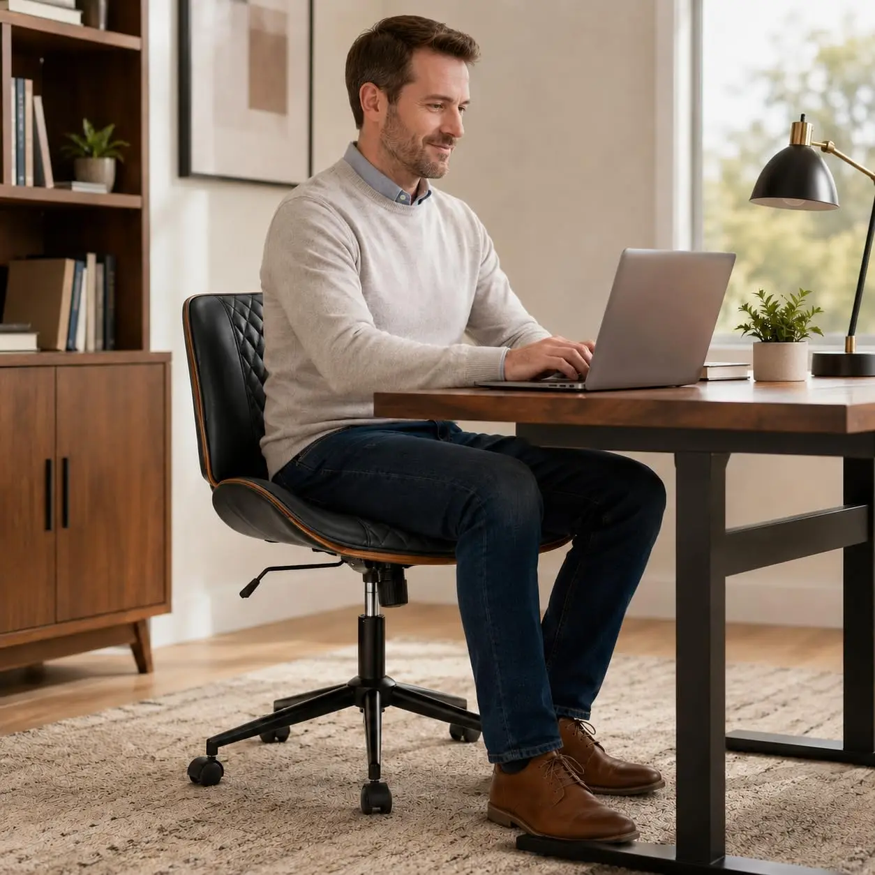 Armless Pu Leather Office Chair, Walnut Style Mid Back Swivel Desk Chair, Adjustable Height Rocking Computer Chair, Home Office