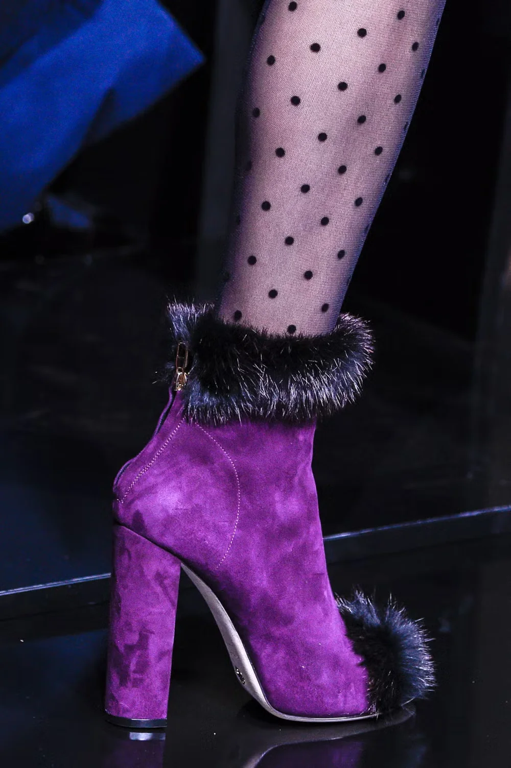 

Retro Pastel Blue Suede Chunky Block Heel Ankle Boots Fluffy Faux Fur Accents Open-Toe Fashion Playful Casual Lady Boots Looks