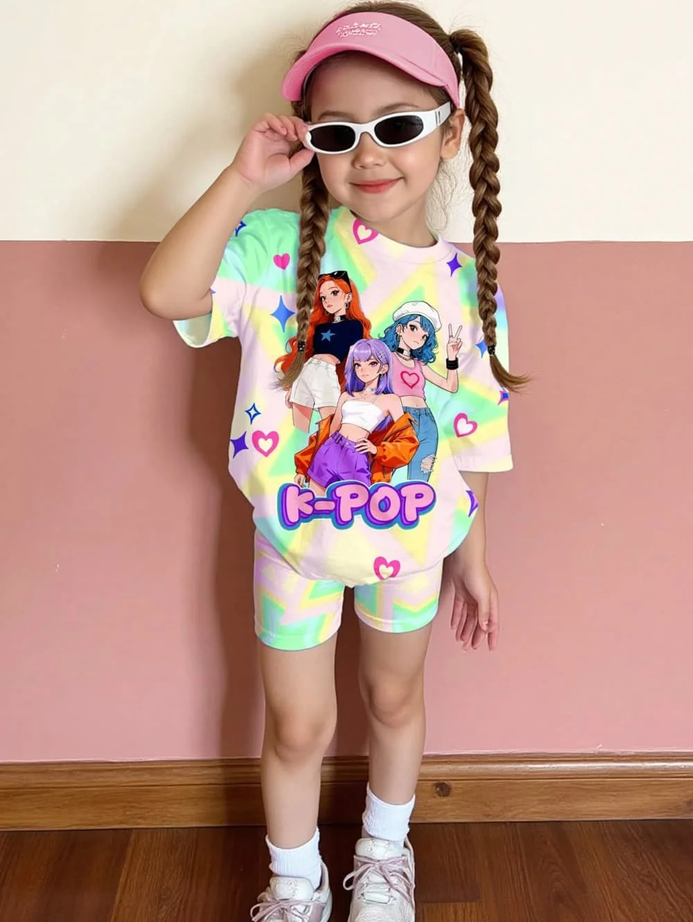 Kpop Cartoon Graphic New T-Shirt and Pants Set Girls' Summer Clothing Cute Short Sleeve Set Children's T-Shirt and Shorts Set