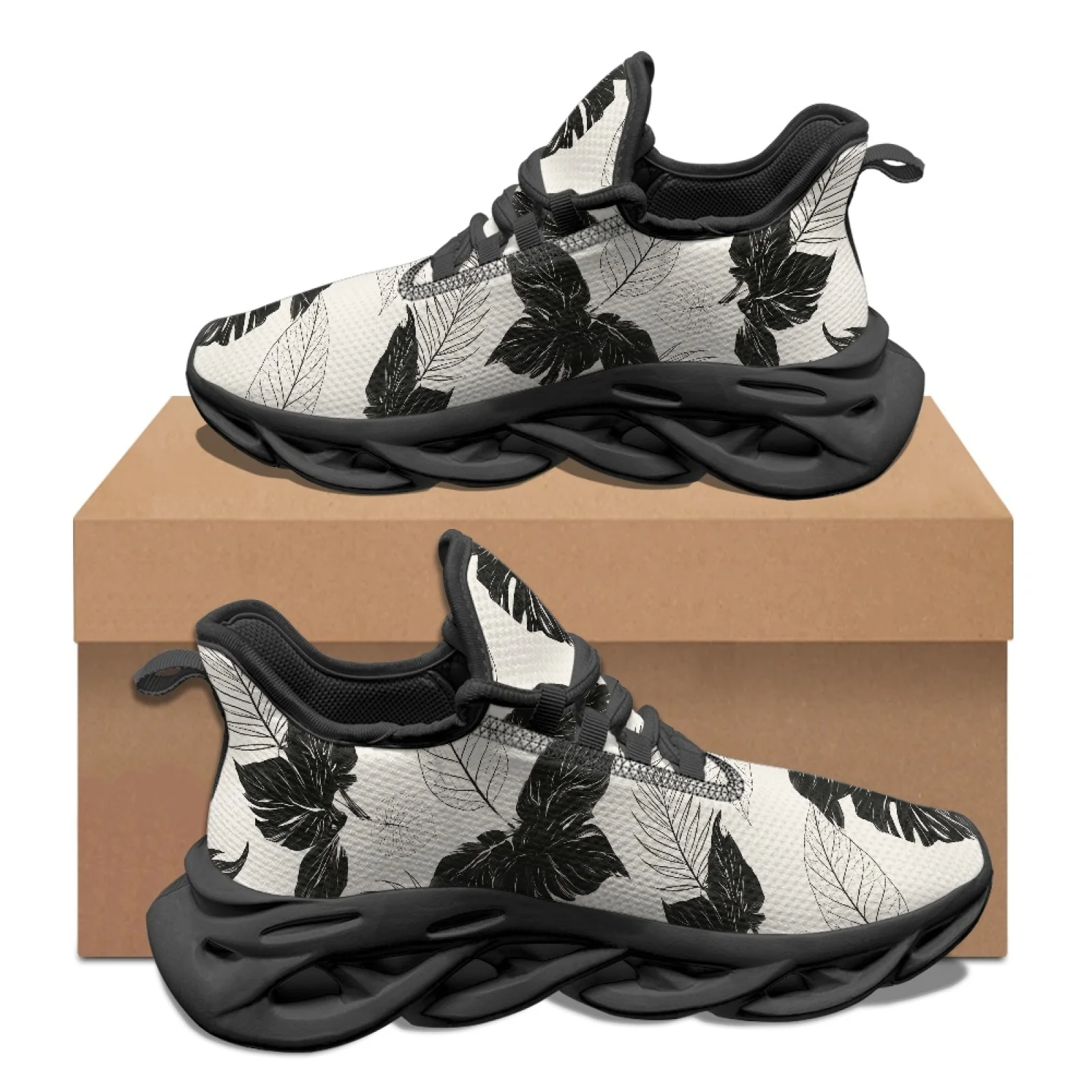 PENSTROLL Black Leaf Print Fashion Sneakers Mesh & EVA Blade Sneakers Non Slip Running Shoes for Men