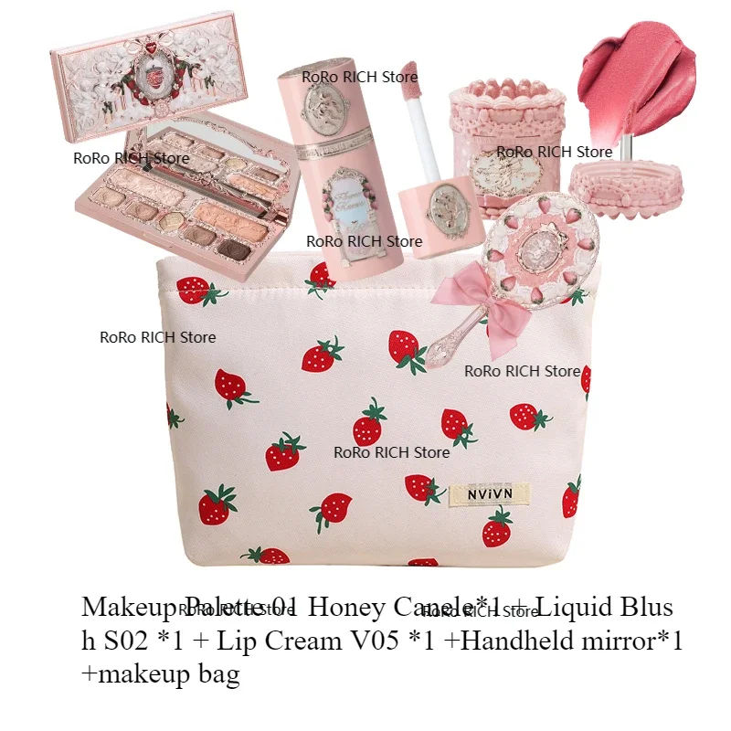 Flower Knows Strawberry Cupid Series Makeup Set Full Professional Face Palette Blush Eyeshadow Lipstick Handheld Mirror Set