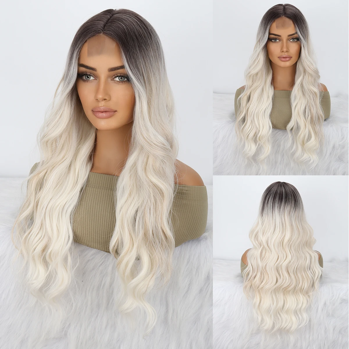 Long Brown Mixed Beige ​Wavy Wig for Women 26 Inch Middle Part Curly Wavy Wig Natural Looking Synthetic Heat Resistant Fiber Wi