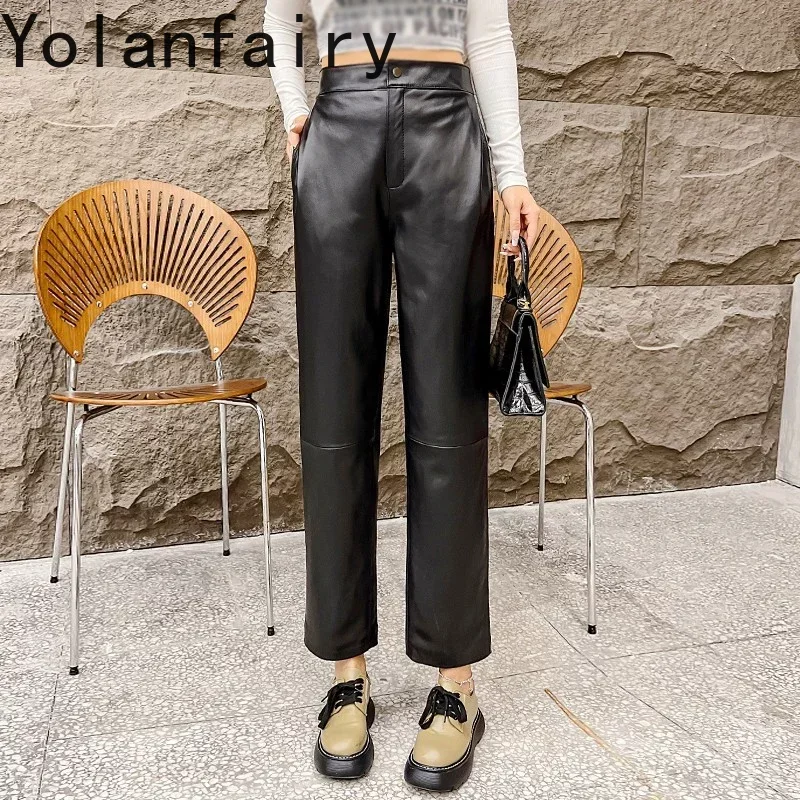 Genuine Leather Pants Women Spring Autumn Real Sheepskin Leather Pants Straight Pants Trousers Women Streetwear Pantalons Femme