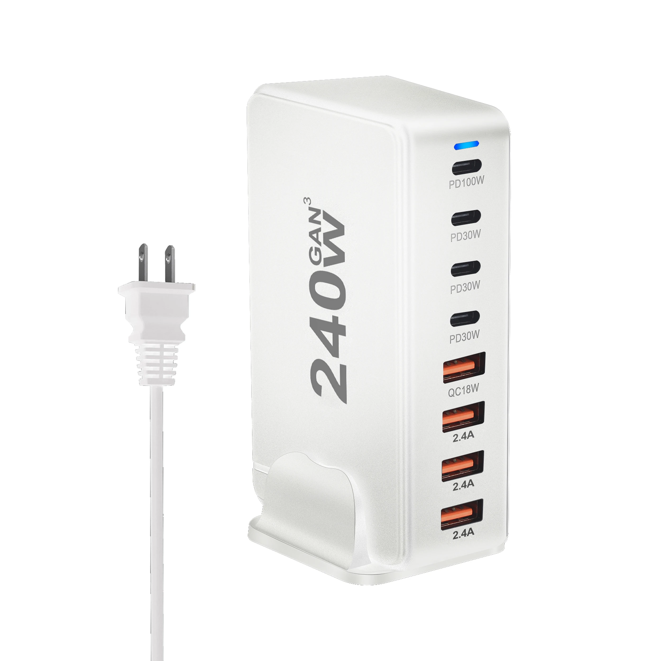 White EU/UK/US/AU Power Cord 240W GaN Charger 8 in 1 Power Strip Charging Hub 4*USBC+4*USB Charging Ports PD Charger for Family image 3