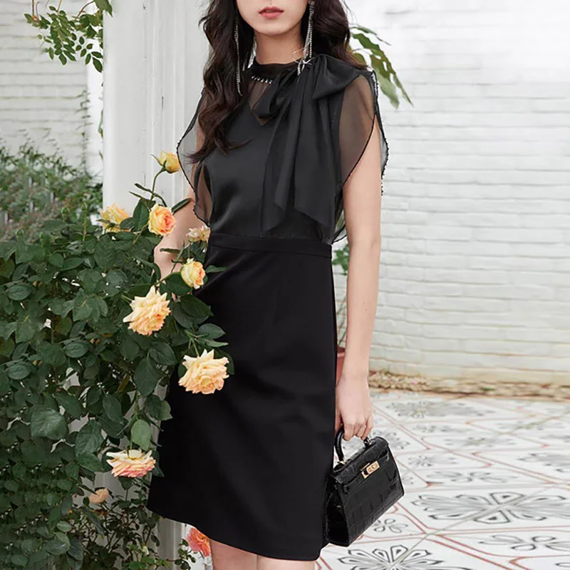 Elegant Knot See through Mesh Splice Sleeveless Dress High Waist Korean Style Commute Daily Wear Summer Women
