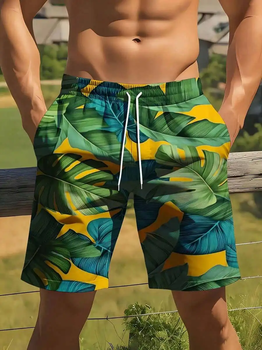 

Tropical Leaf Print Swim Shorts For Men Summer Beach Vacation Casual Outdoor Wear