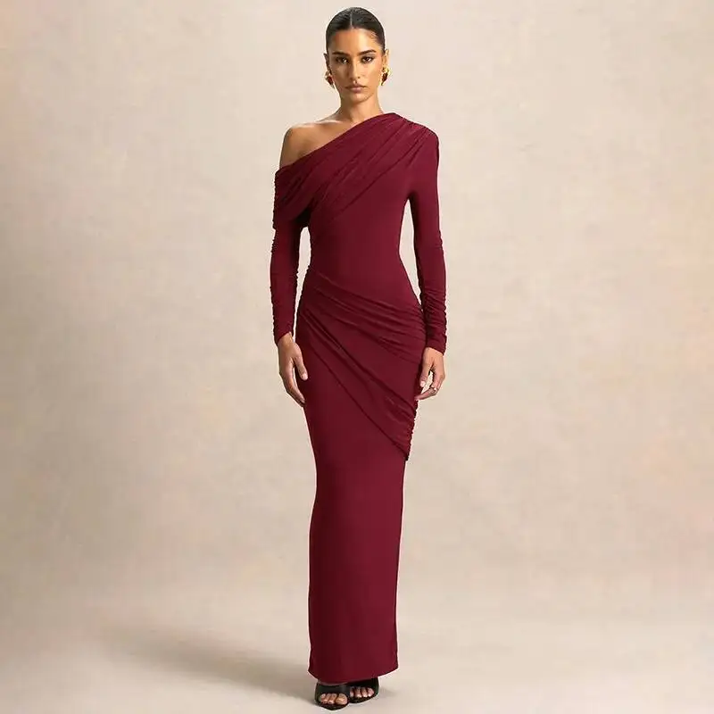 Blifanbo Eine Schulter Geraffte Sexy Maxi Kleid Frauen Kleid Langarm Elegante Skew Kragen Backless Bodycon Club Party Kleider