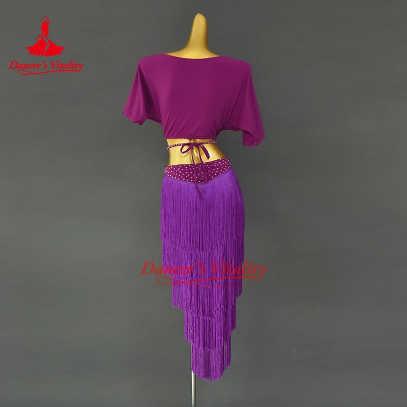 Traje de performance de dança do ventre feminino manga curta + saia curta com borla 2 peças roupa de prática de dança oriental