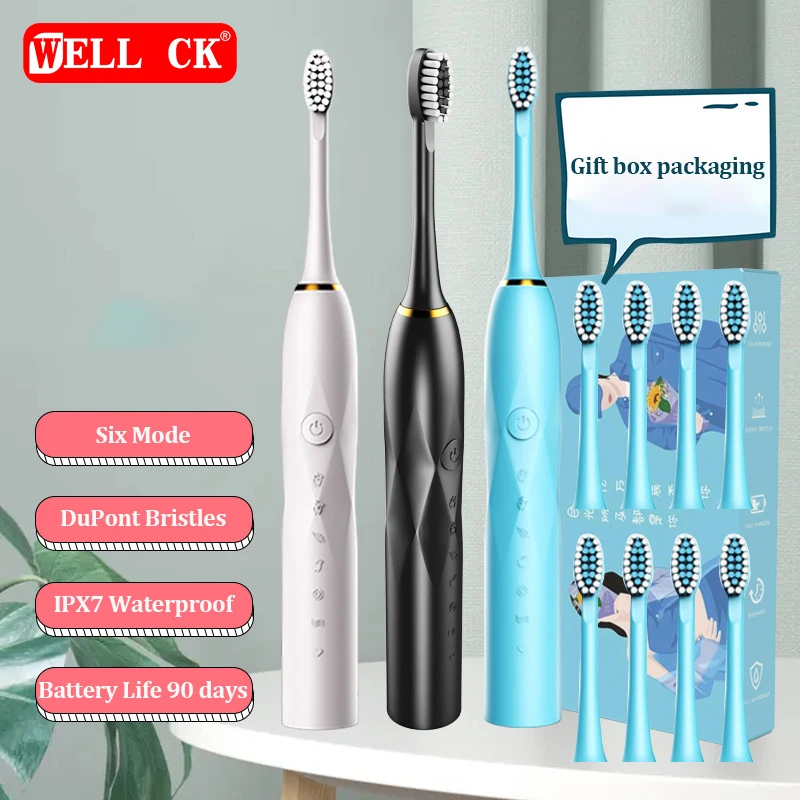 6-Speed Mode Adult Couple  And Children's Home Ultrasonic Automatic Electric Toothbrush Soft Bristles Waterproof Brush Head Set