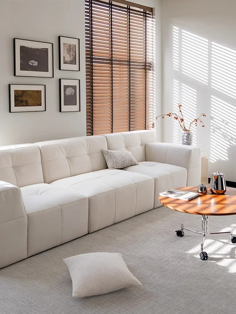 Cloud sofa, technical fabric, French cream combination, solid wood high-end down top layer cowhide