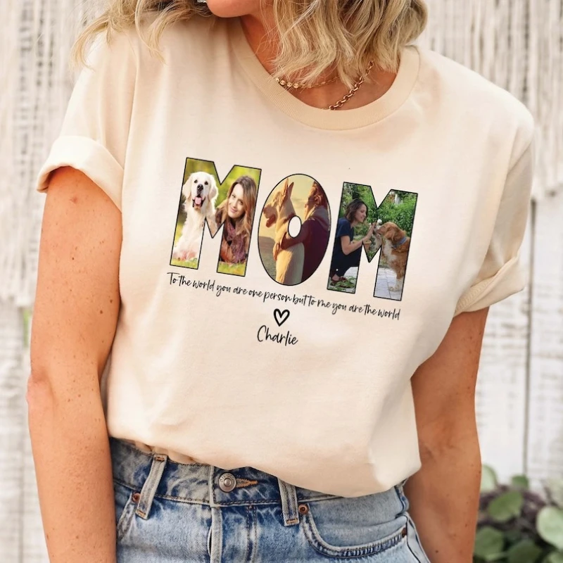 Photo Dog Mama Custom Mothers Day Personalized Gift for Mom Printable Graphic T-Shirt High Quality Cotton Regular Short Sleeve