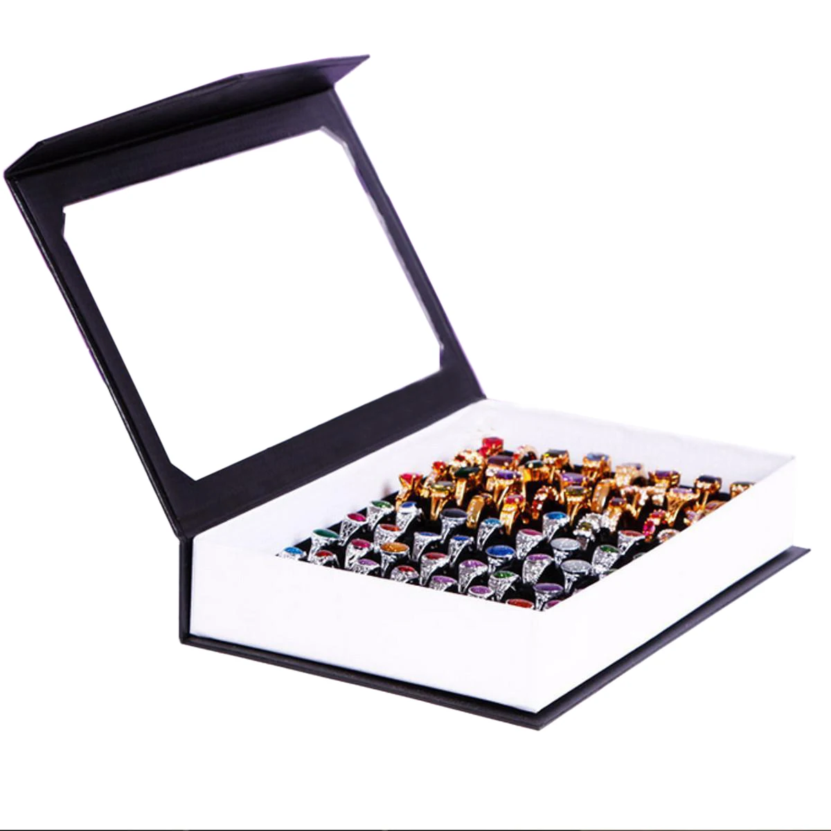 ABQR 72 Ring Jewellery Display Storage Box Tray Show Case Organiser Earring Holder, Black Ring Box With Cover