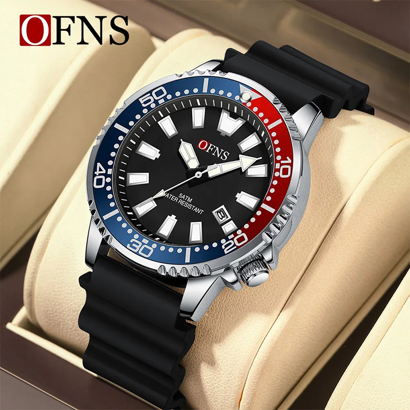 OFNS 8032 Top Brand Men Quartz Watches Luxury Rubber Strap Waterproof Sport Quartz Watch Man Business Clock Relogio Masculino