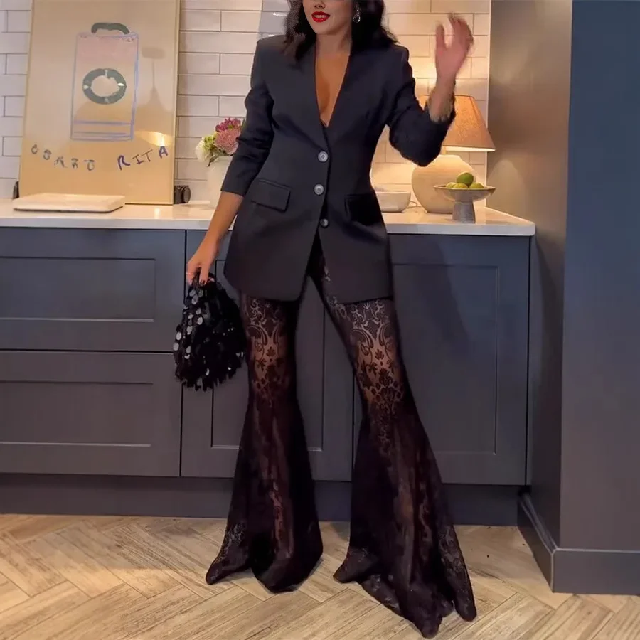 المرأة أنيقة السترة الجاكار الدانتيل السراويل مجموعات ضئيلة زر كم كامل دعوى سترة طويلة مضيئة السراويل سيدة ملابس الحفلات