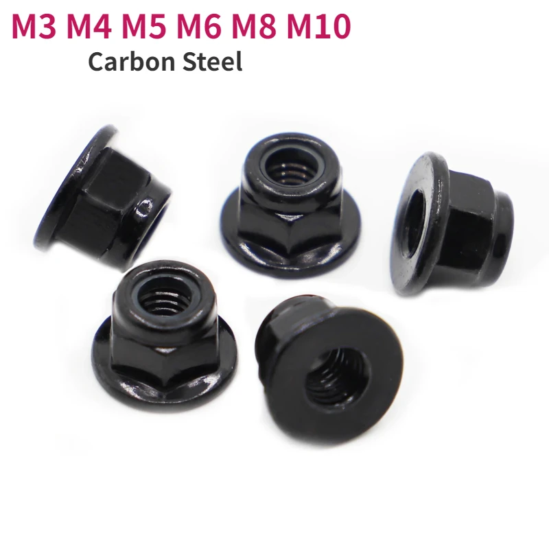 M3 M4 M5 M6 M8 M10 Black Carbon Steel Hex Flange Nylon Insert  Nut Self-locking Nut