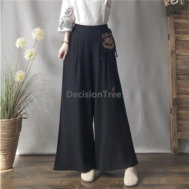 2025 النمط الصيني العرقي خمر القطن الكتان السراويل لذيذ مطرزة مرونة عالية الخصر السراويل لون نقي بناطيل كاجوال #3