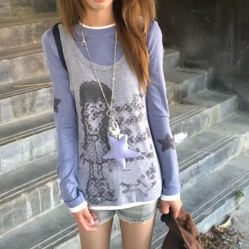 Layering New Vintage Print T-shirt All-match Long Sleeve O Neck Casual Women Clothing Slim Minority Exquisite Moda Shirts