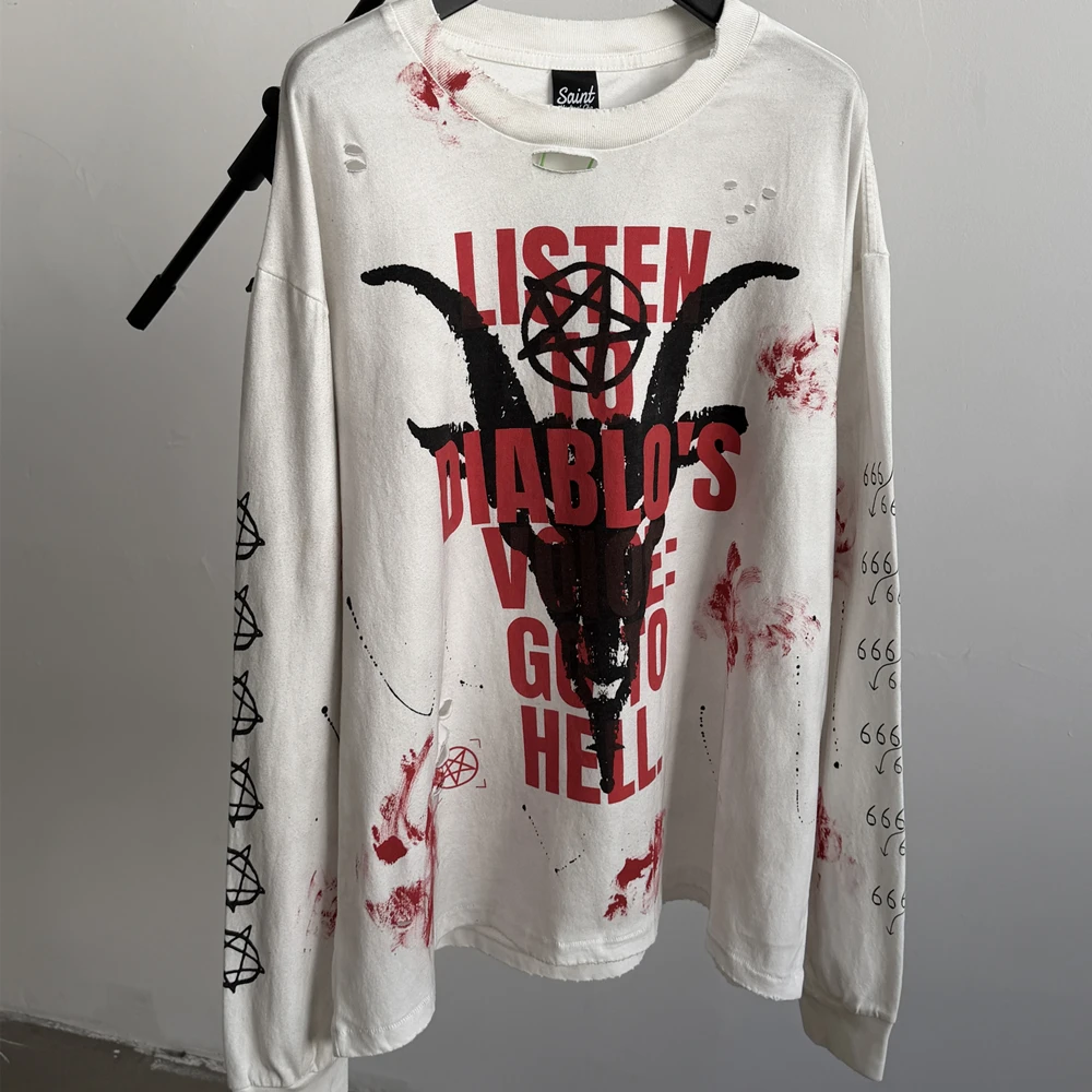 Saint Hand-painted Ink Splatter Demon's Voice T Shirt Men Women Long Sleeve Tee Tops T-Shirts