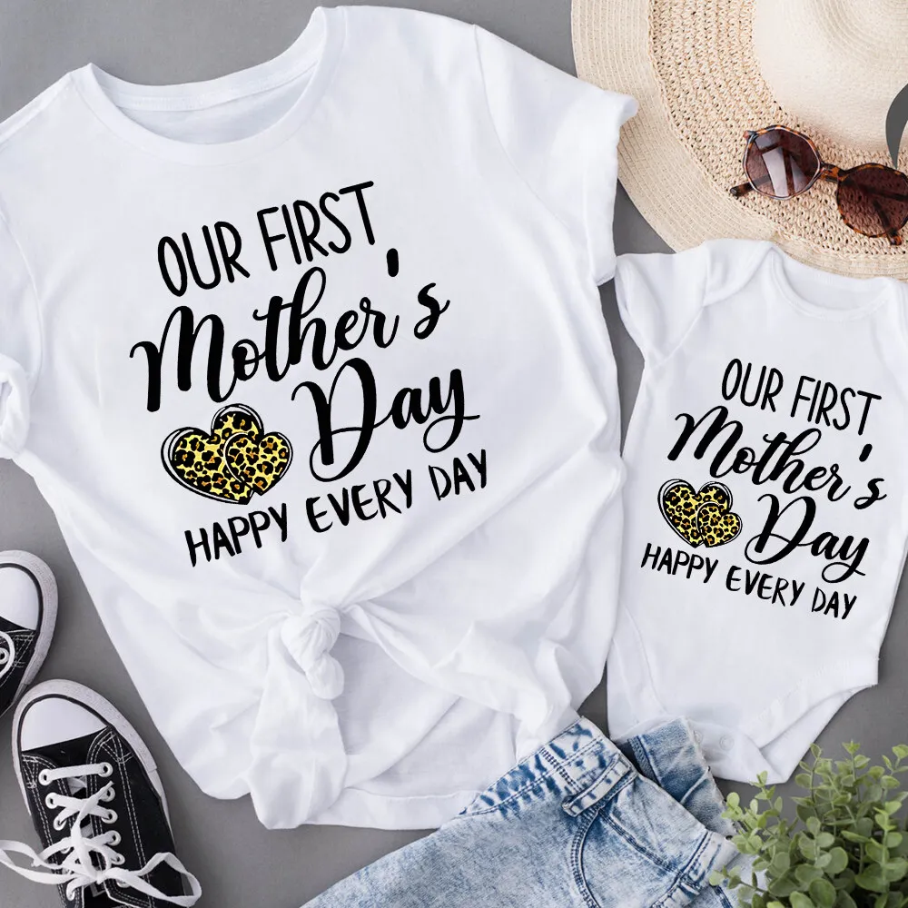 Mother's Day Baby Outfit New “Our First Mother's Day” Pattern Print Family Outfit Short Sleeve Crew Neck Outfits