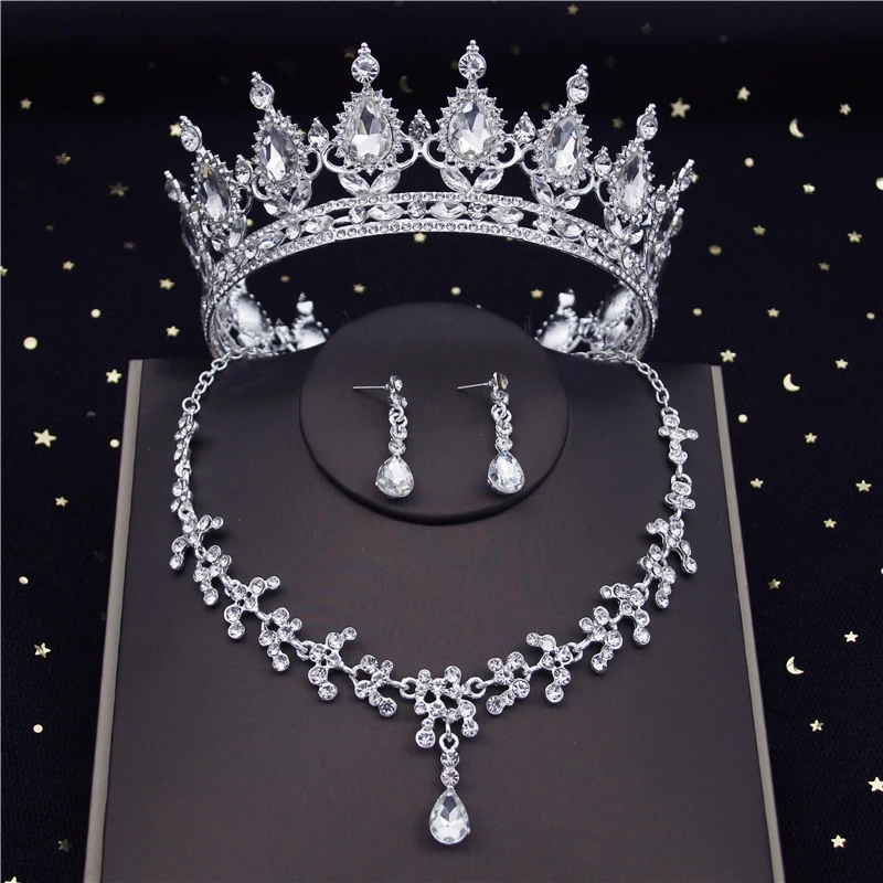 

Royal Queen Bride Jewelry Sets for Women Diadem Necklace Earrings Crown Set Prom Wedding Dress Bridal Necklace Tiaras Sets