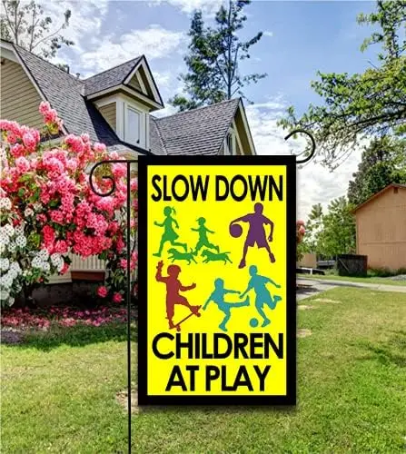 Slow Down Children at Play Garden flag flag Funny Warning Garden flag Double Sided Flax Garden Flag 12