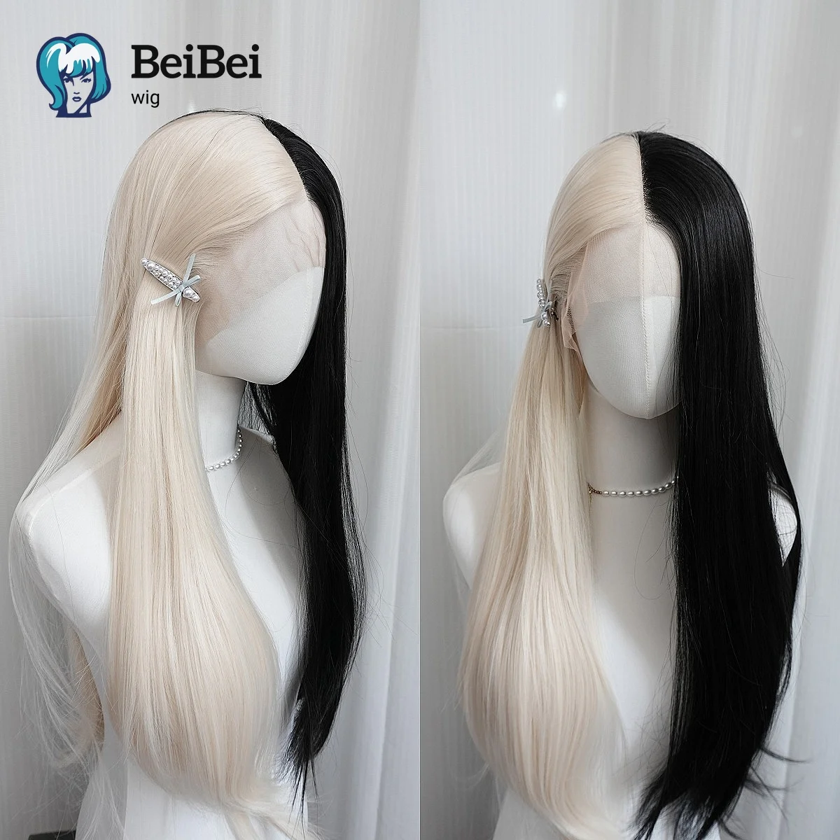 E-Girl Synthetic Lace Wig Black and Platinum Split Wigs Cyberpunk Glueless Gothic Lolita Wigs Long Straight Wig for Cosplay