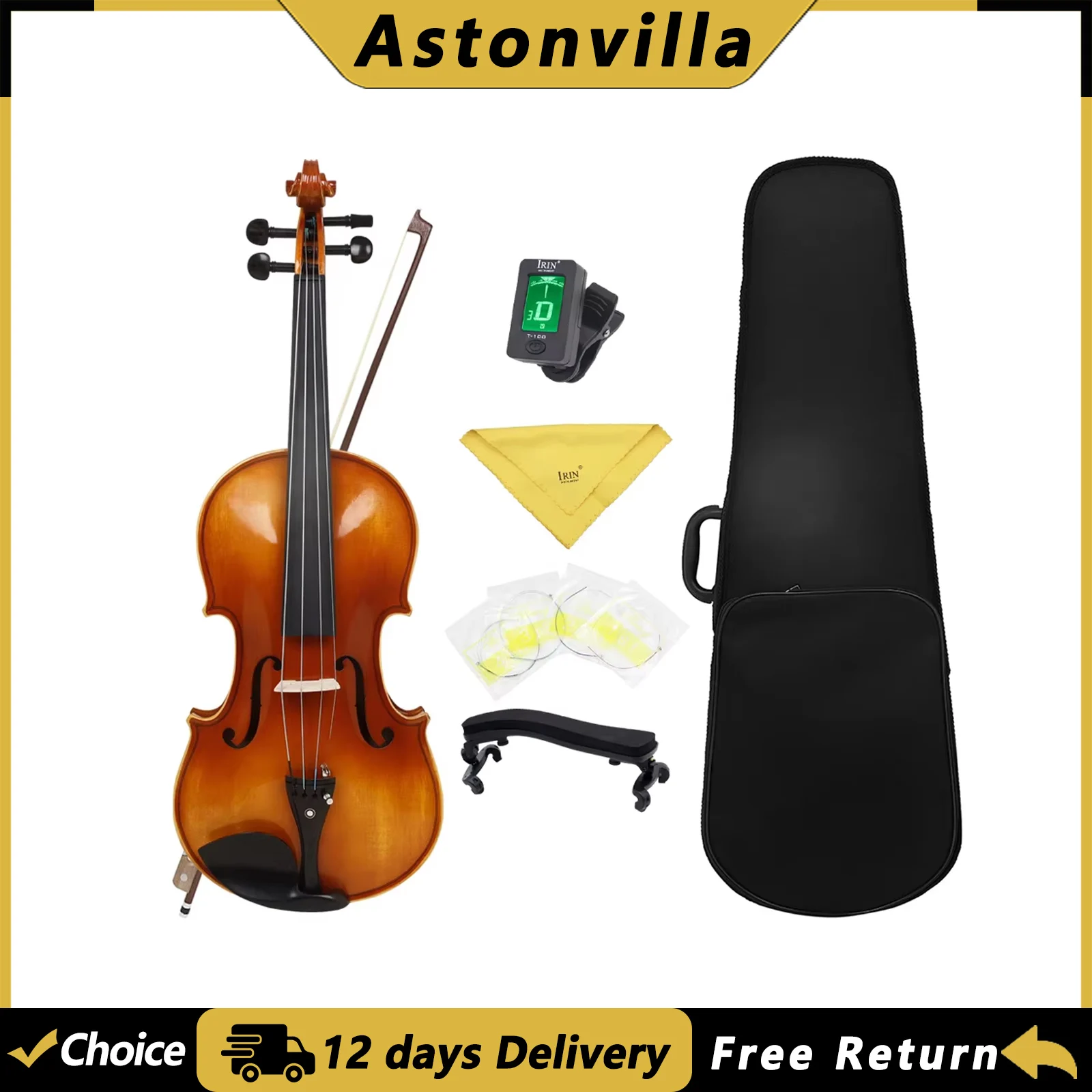 Astonvilla 16 Inch Acoustic Viola Spruce Panel Viola with Case Bow Strings Shoulder Rest Tuner Cloth Parts & Accessories
